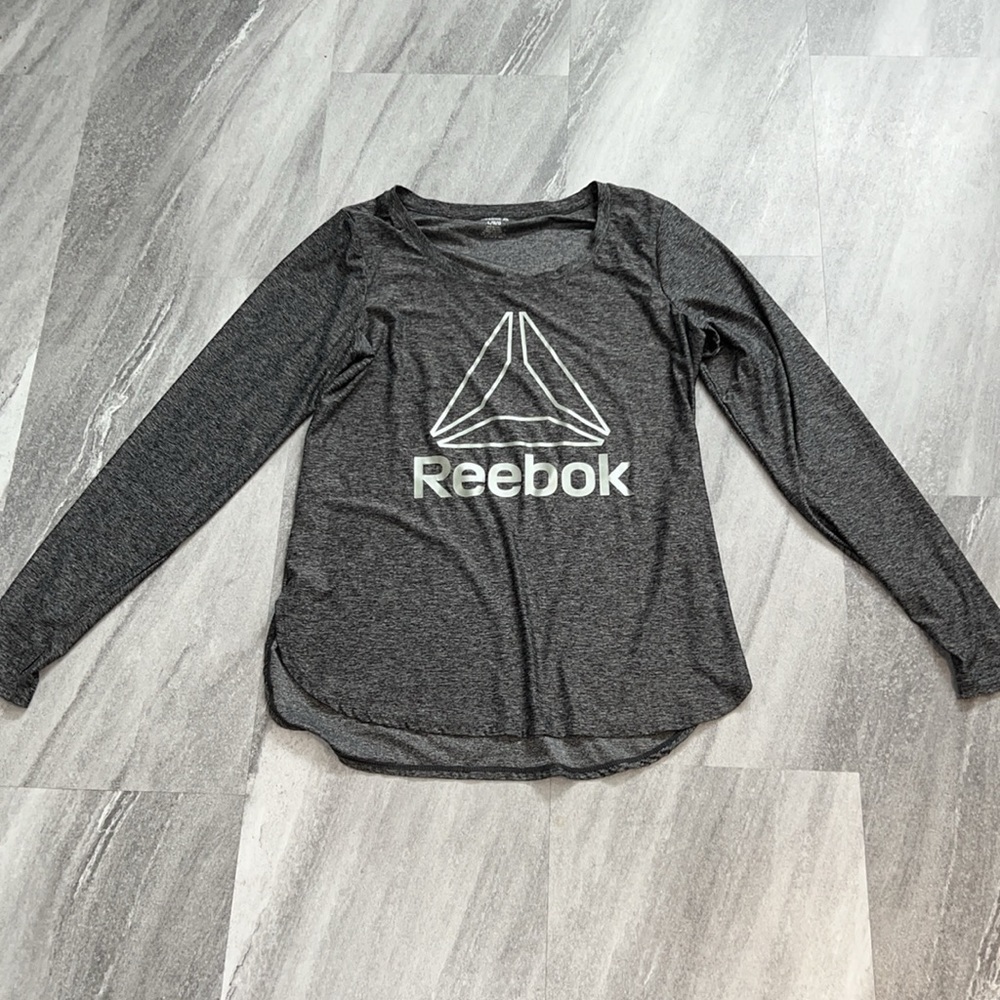 Black & grey marl long sleeved dryfit workout top Reebok large thumbholes - Picture 6 of 12